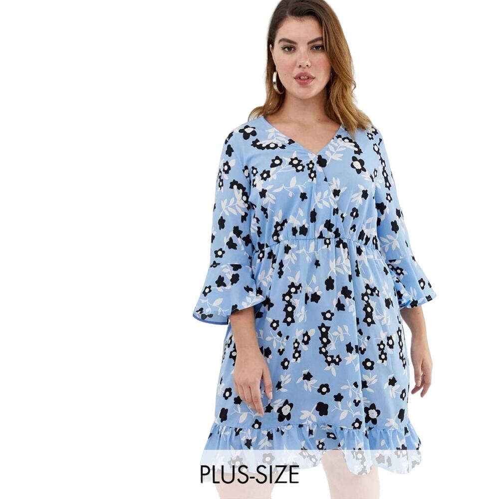NWT UNIQUE21 Blue Ruffle Chiffon Hero‎ Floral Print Smock A Line Dress Light